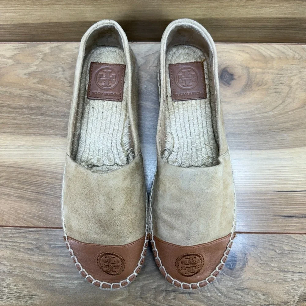 Tory Burch Espadrilles Flats 7 Tan Suede Cap Toe Slip On Vacation Resort Summer